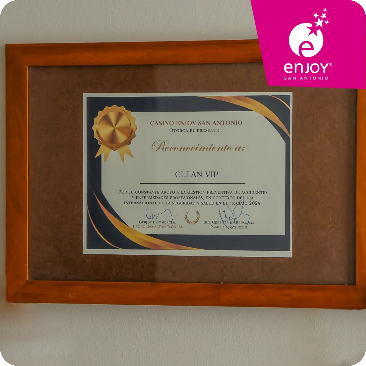 Diploma de reconocimiento del Casino Enjoy San Antonio a CleanVip